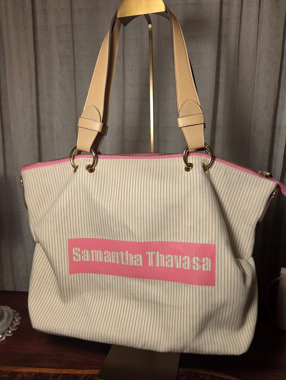 Samantha Thavasa Cream Tote with Pink Logo and Tan Straps